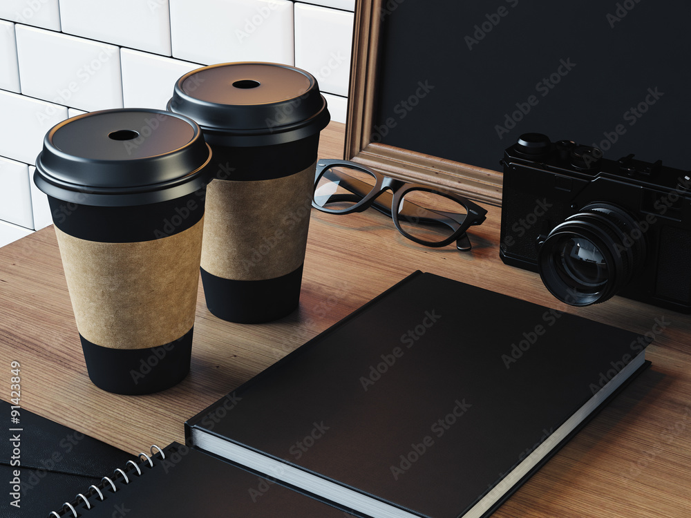 Poster blank elements on the table with camera, glasses. 3d render