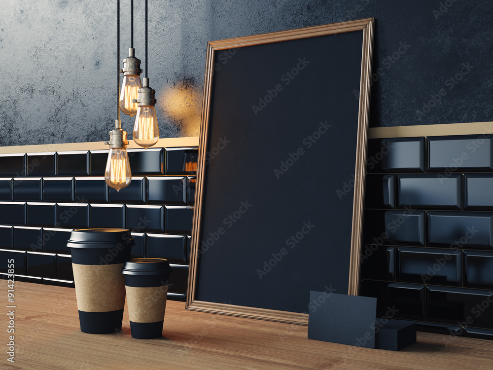 Poster table with blank black elements and retro lamps. 3d rendering