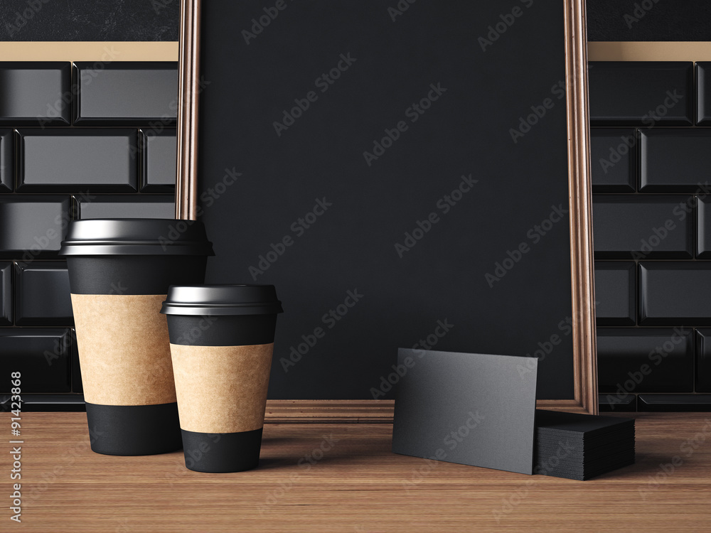Poster table with black elements and poster. 3d rendering