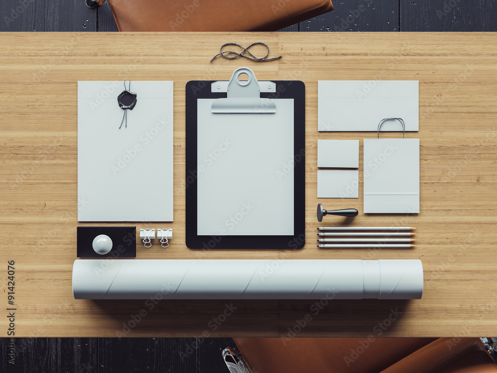 Poster set of classic elements on the workspace. 3d render