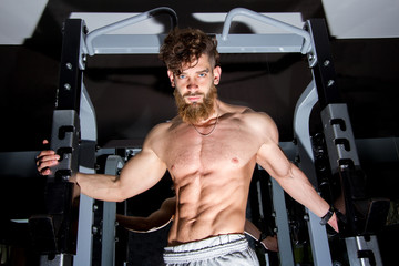 Fototapeta na wymiar Muscular man with the beard posing in the gym 