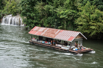 KANCHANABURI PROVINCE, THAILAND - SEPTEMBER 13: floating house in river Kwai. Taken at Sai Yok Yai waterfall. Kanchanaburi of Thailand. on September 13, 2015.