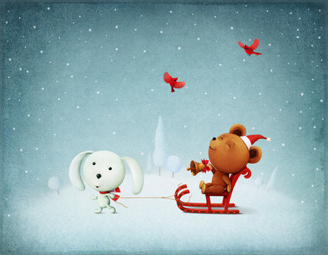 Greeting card Christmas Adventure Bear and Bunny