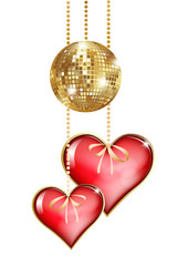 Two  hearts and gold disco ball isolated