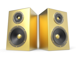 two 3D golden speakers isolated on white background