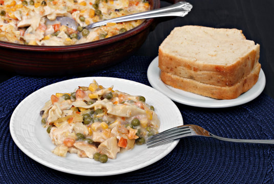 Chicken, vegetable and noodle casserole.