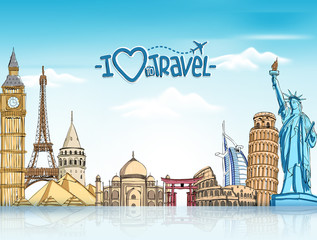 Travel and Tourism Background with Famous World Landmarks in 3d Realistic and Sketch