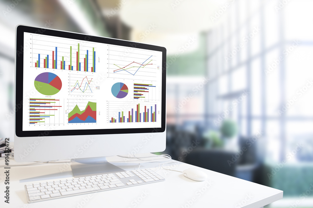 Poster computer showing analysis chart and graph in office
