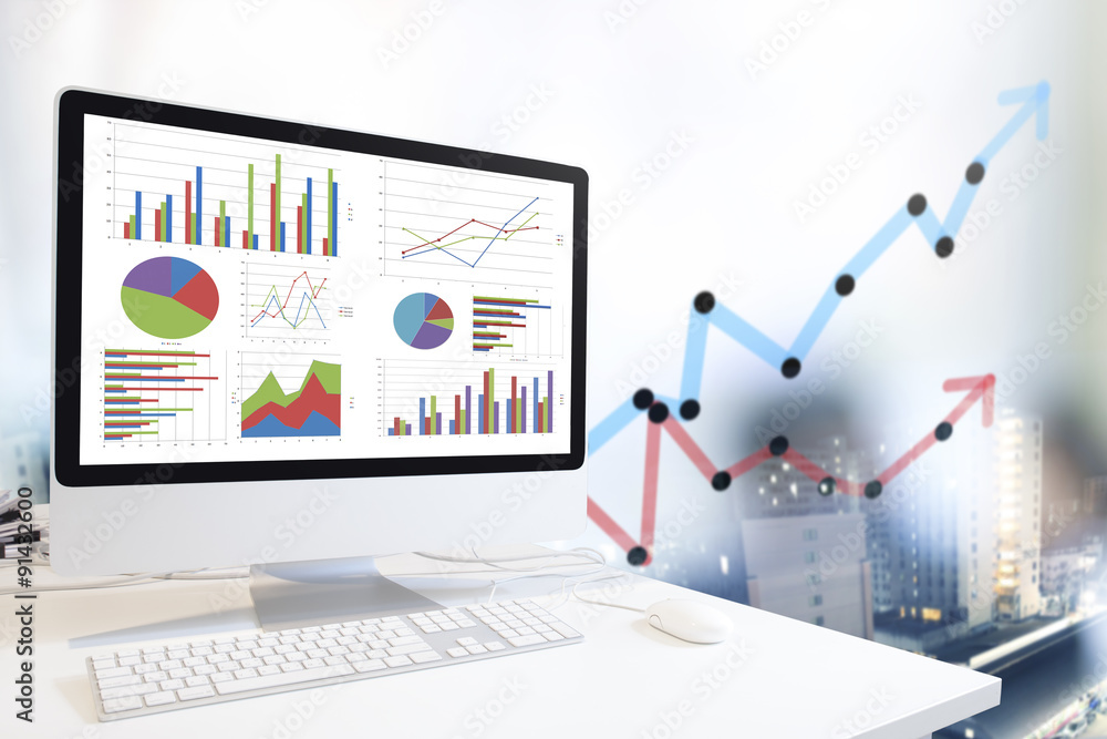 Poster computer showing analysis chart and graph in office