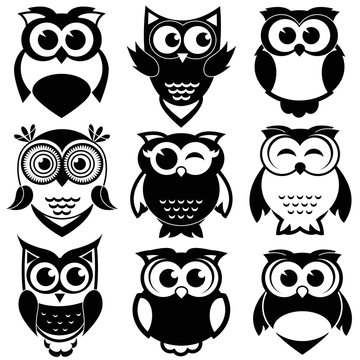 Cute black and white owls set