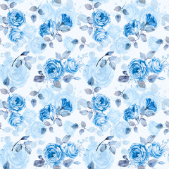Seamless pattern of watercolor blue roses. Illustration of flowers. Vintage. Can be used for gift wrapping paper, the background of Valentine's day, birthday, mother's day and so on. Monochrome.