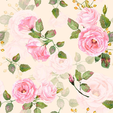 Seamless pattern of watercolor pink roses. Illustration of flowers. Vintage. Can be used for gift wrapping paper, the background of Valentine's day, birthday, mother's day and so on.