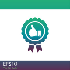 Badge with thumbs up vector icon.