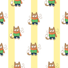 Vector seamless pattern with cartoon cats in clothes.