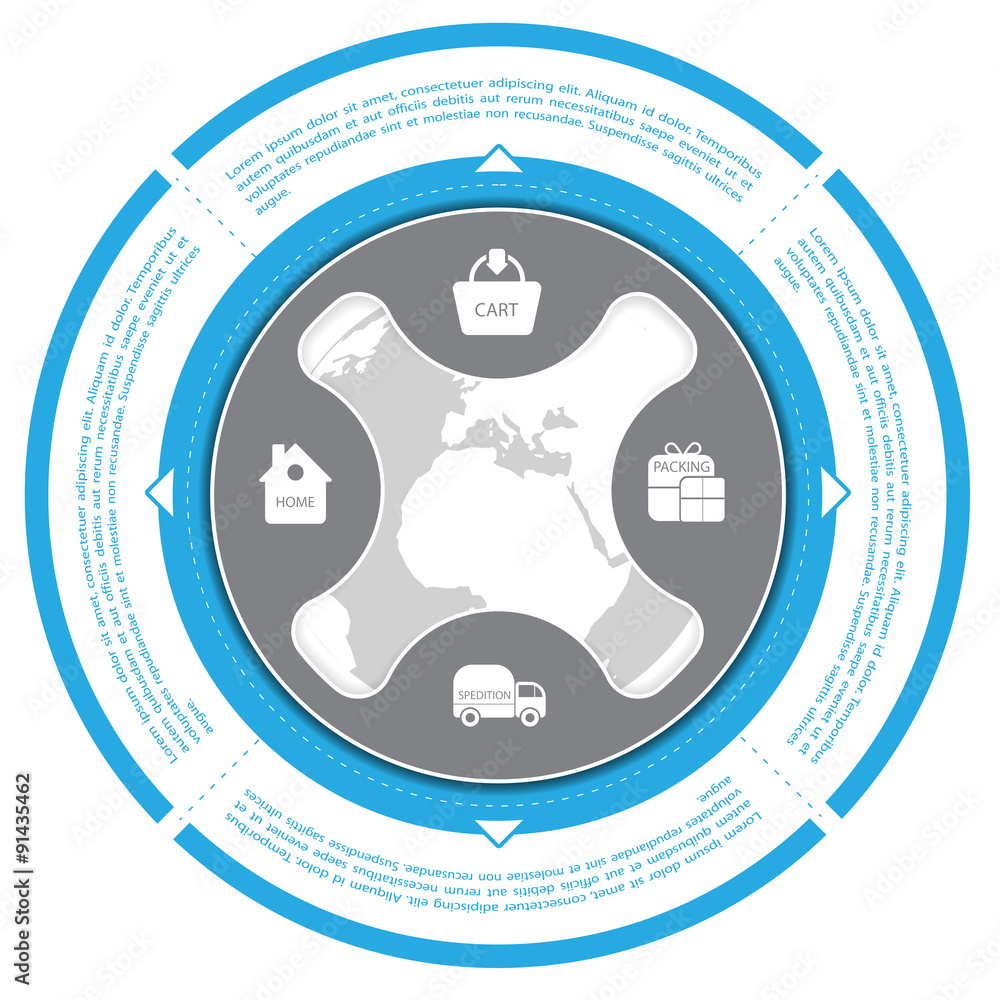 Poster blue circle with shopping scheme for shop and ecommerce