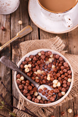 Delicious chocolate corn balls in milk. Assorted.Healthy Breakfast.selective focus