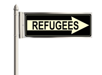 Refugees. Road sign on the white background. Raster illustration.