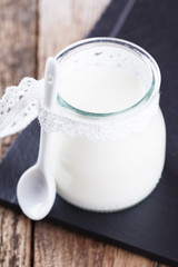 Homemade yoghurt in a glass jar.selective focus