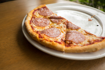 sliced salami pizza on a white plate