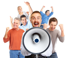 Happy man talking in loud-hailer.