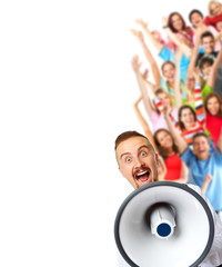 Happy man talking in loud-hailer.