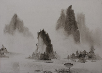 Chinese painting Mountain water and a boat