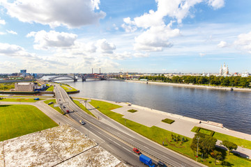 Cityscape of Neva river and Oktyabrskaya embankment