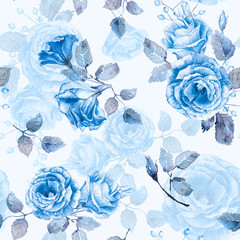 Fototapety  Seamless pattern of watercolor blue roses. Illustration of flowers. Vintage. Can be used for gift wrapping paper, the background of Valentine's day, birthday, mother's day and so on. Monochrome.