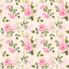 Seamless pattern of watercolor pink roses. Illustration of flowers. Vintage. Can be used for gift wrapping paper, the background of Valentine's day, birthday, mother's day and so on. Monochrome.