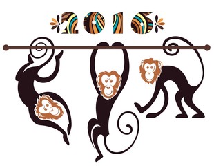 New Year card with Monkey for year 2016