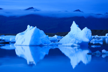 Jokulsarlon, Iceland - Melting icebergs from vatnajokull glacier floating in Jokulsarlon lagoon.