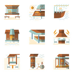 Flat colored vector icons for cafe and bungalows