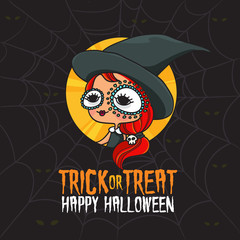 Vector Illustration of Girl Dressed Witch Costume on Halloween.