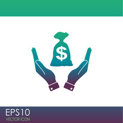 Money bag in hand vector icon. Hand holds cash bag in dollars symbol. Money insurance sign.
