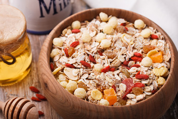 Muesli for Breakfast with honey and Goji berries.