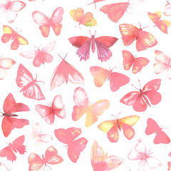 Fototapeta na wymiar A seamless background pattern with many pink watercolour butterflies