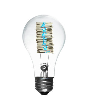 Lightbulb with a stack of money