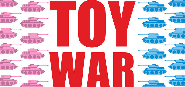 Toy war. Pink and blue tanks go on the offensive. Military toy a