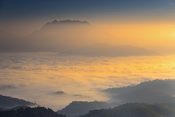 Mountain landscape with mist sunrise in Huai Nam Dang National P