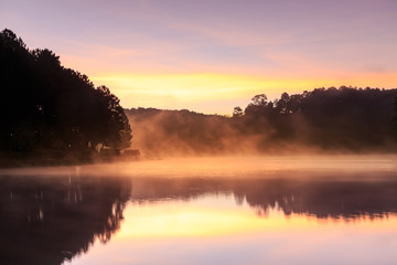 Fototapeta na wymiar Beautiful foggy sunrise on a lake,Mae Hong Son,Thialand.