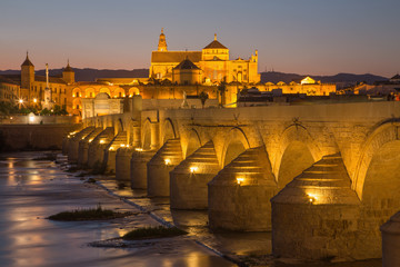 Cordoba - The Roman bridge and the Cathedral in the background at dusk