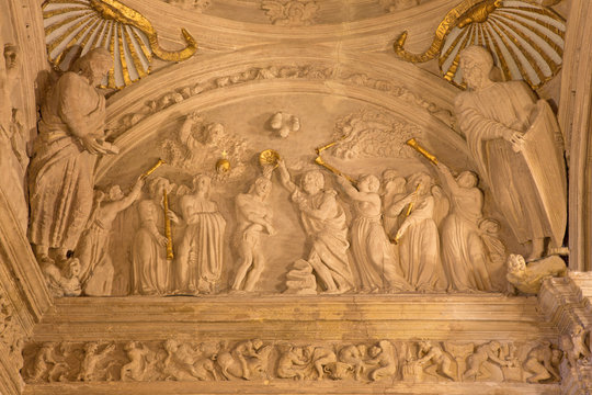 CORDOBA, SPAIN - MAY 27, 2015: The baptism of Christ relief in the cupola of baptistery in church Iglesia San Nicolas de la Villa by  Sebastian Penarredonda (1540 - 1555).