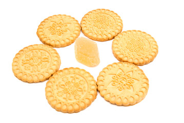 cookies and fruit candy on white