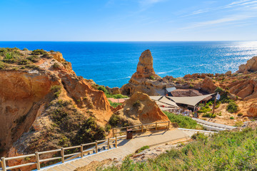 Path to restaurant on coast of Portugal in Carvoeiro town, Algarve region