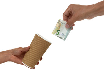 hand donating a euro bill into a cup