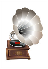 retro old gramophone with horn speaker for playing music over plates isolated on white in studio