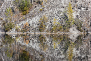 Reflection of mountains and trees in water, blur