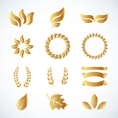 Isolated golden leaves. Golden laurel leaves set. Design set for emblem, logotype. Vintage logotype, icons. Vector illustrations.