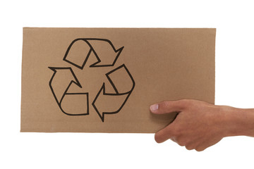 Hand holding up a cardboard recycle sign