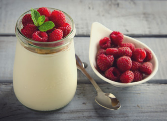 Healthy breakfast - fresh Greek yogurt with raspberries and mint